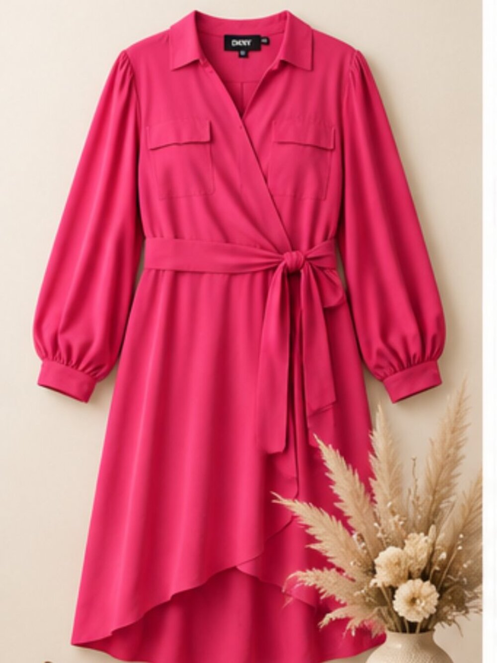 DKNY Plus Size Pink Peacock Balloon Sleeve Faux Wrap Dress 20W NWT Office Work
